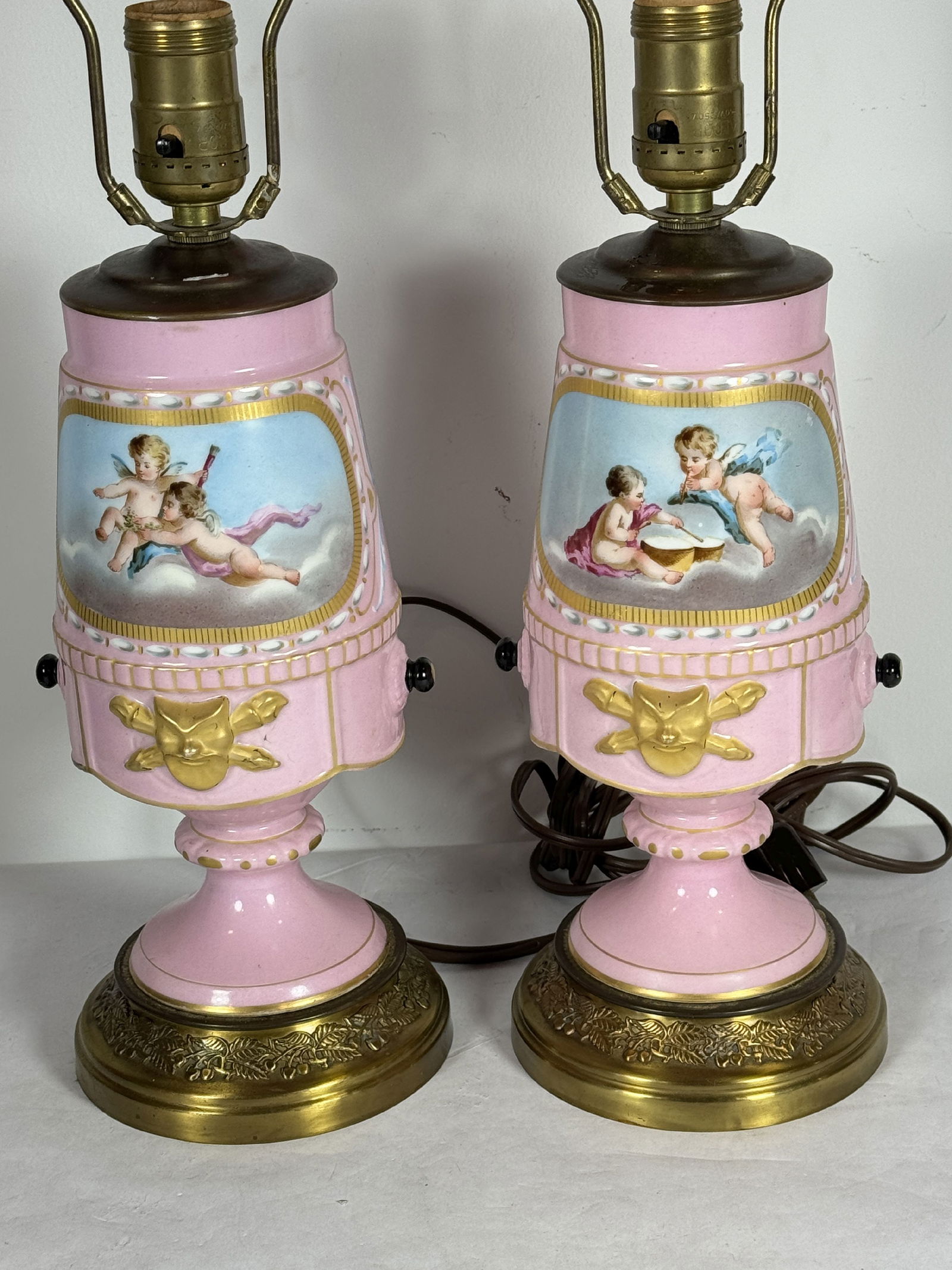 TWO PINK PORCELAIN HAND PAINTED URN LAMPS W/ CHERUBS, 21" TALL AND 11" TALL URNS ONLY (1 of 7)