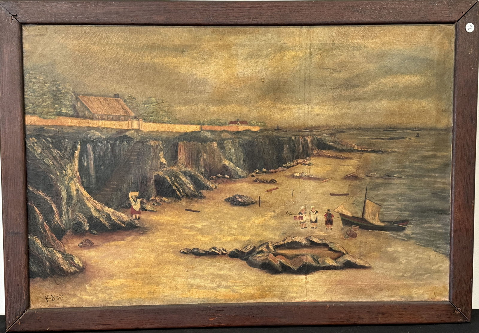 SIGNED EARLY COASTAL PRIMITIVE PAINTING, 27" X 40": SIGNED EARLY COASTAL PRIMITIVE PAINTING, 27" X 40"