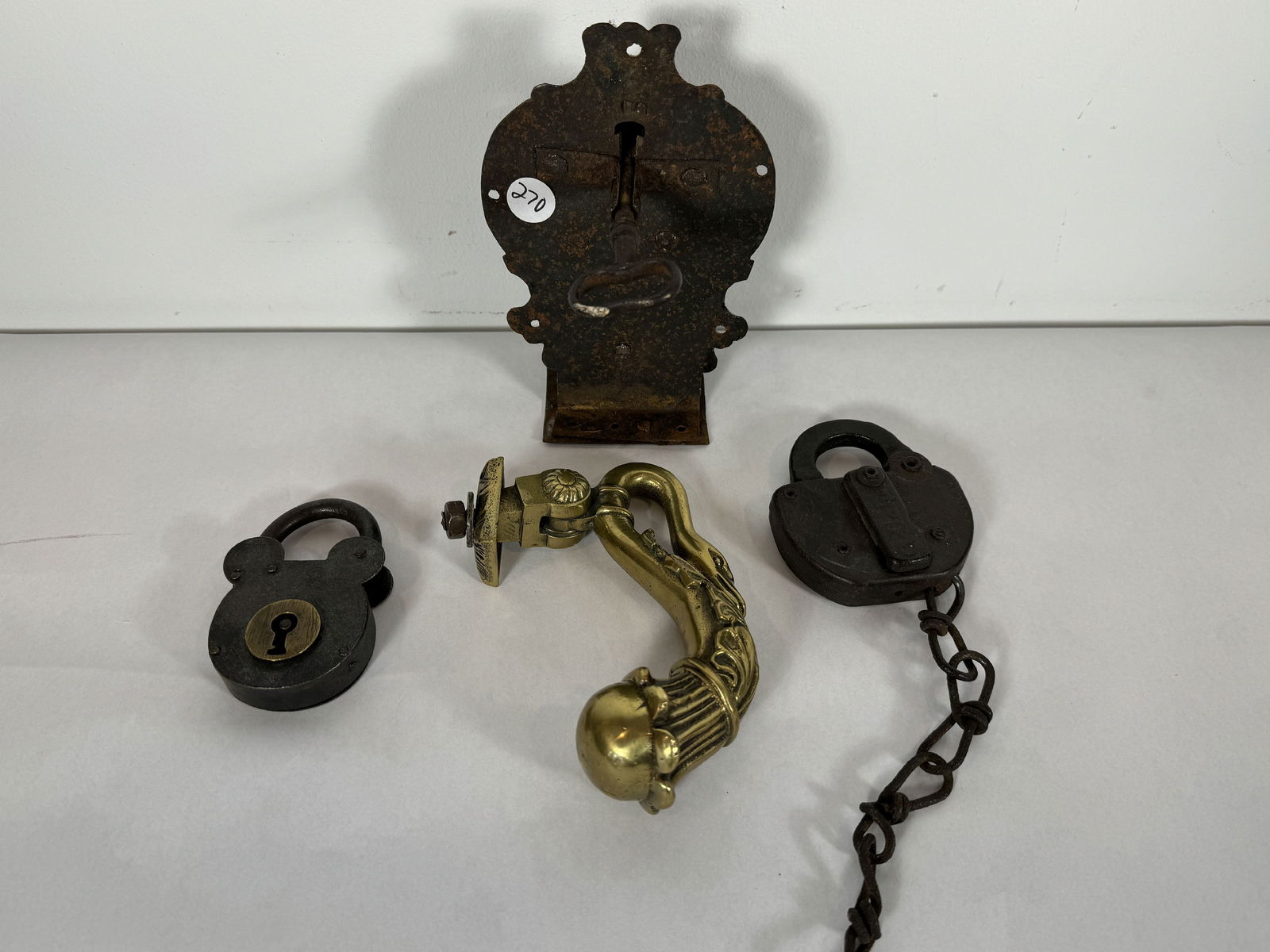 THREE EARLY ANTIQUE LOCKS AND A DOOR KNOCKER, 7.5" X 6" X 6" (1 of 6)