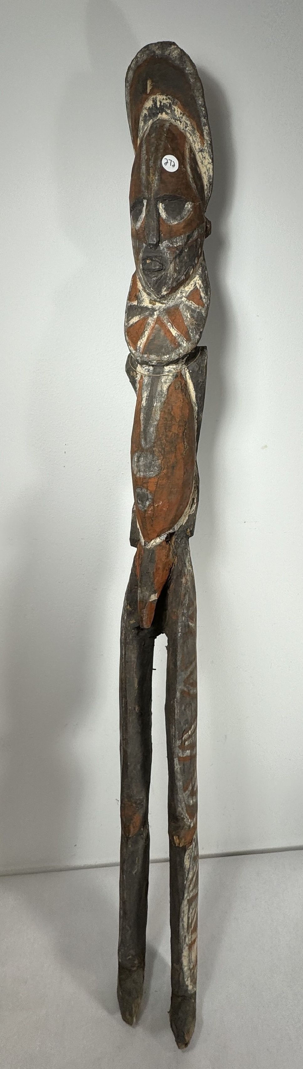 CARVED AND PAINTED ANTIQUE WOOD AFRICAN OR PAPUA NEW GUINEA TOTEM, 7" X 7" X 51: CARVED AND PAINTED ANTIQUE WOOD AFRICAN OR PAPUA NEW GUINEA TOTEM, 7" X 7" X 51