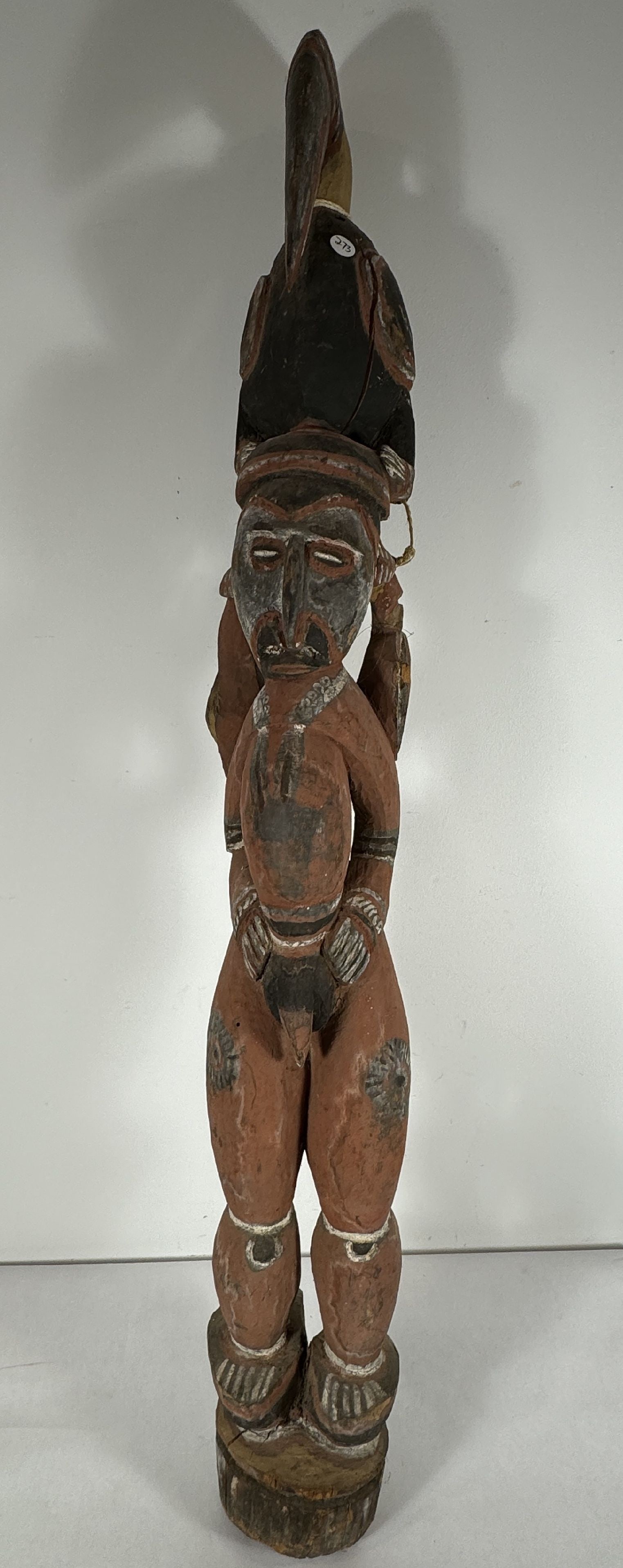 CARVED AND PAINTED ANTIQUE WOOD AFRICAN OR PAPUA NEW GUINEA TOTEM, 9" X 9" X 46": CARVED AND PAINTED ANTIQUE WOOD AFRICAN OR PAPUA NEW GUINEA TOTEM, 9" X 9" X 46"