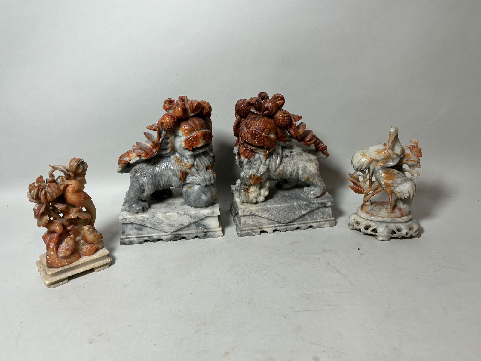 FOUR CARVED CHINESE HARDSTONE FIGURES OF FOO DOGS AND BIRDS OF PARADISE, 8" TALL AND 6" TALL (1 of 6)