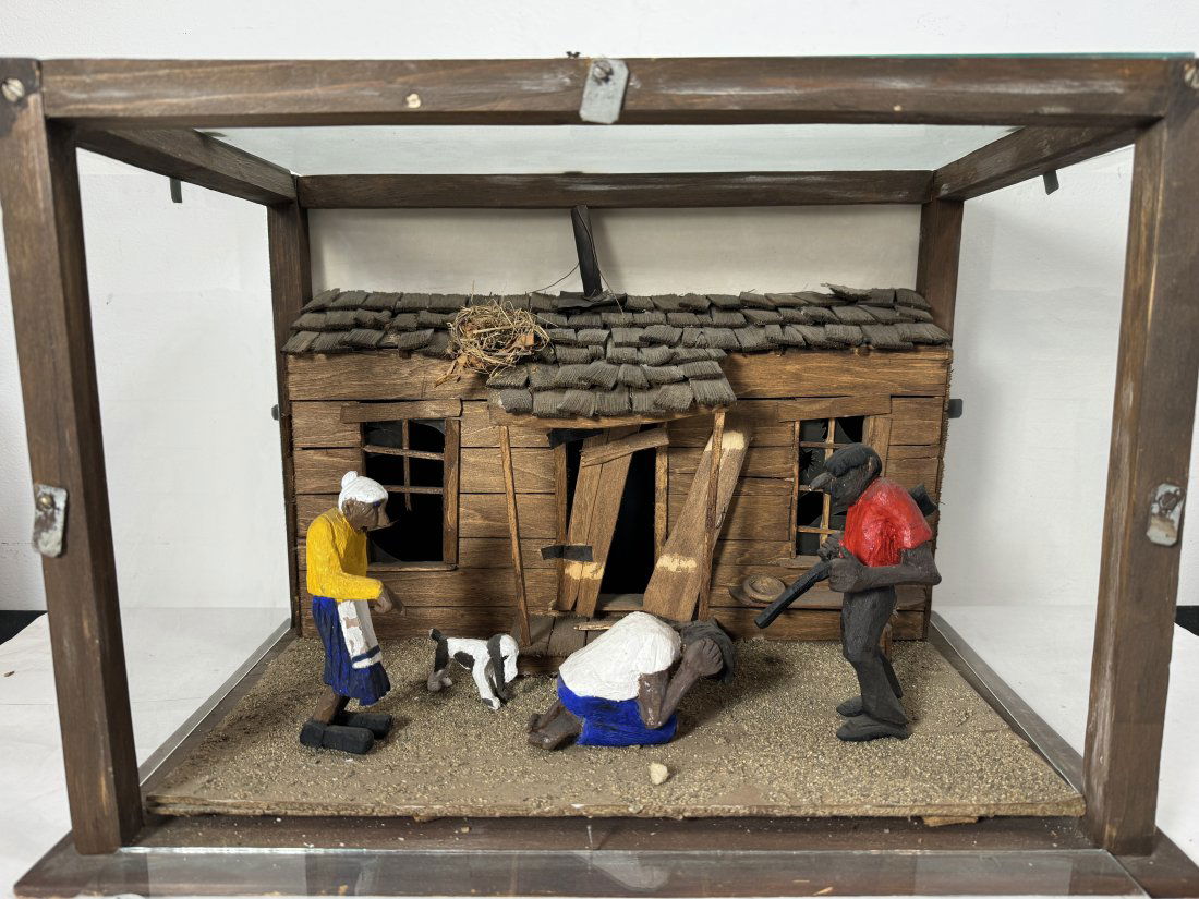 "SHOTGUN SHACK" CARVED AND PAINTED FOLK ART DIORAMA: "SHOTGUN SHACK" CARVED AND PAINTED FOLK ART DIORAMA, 15" X 10" X 12