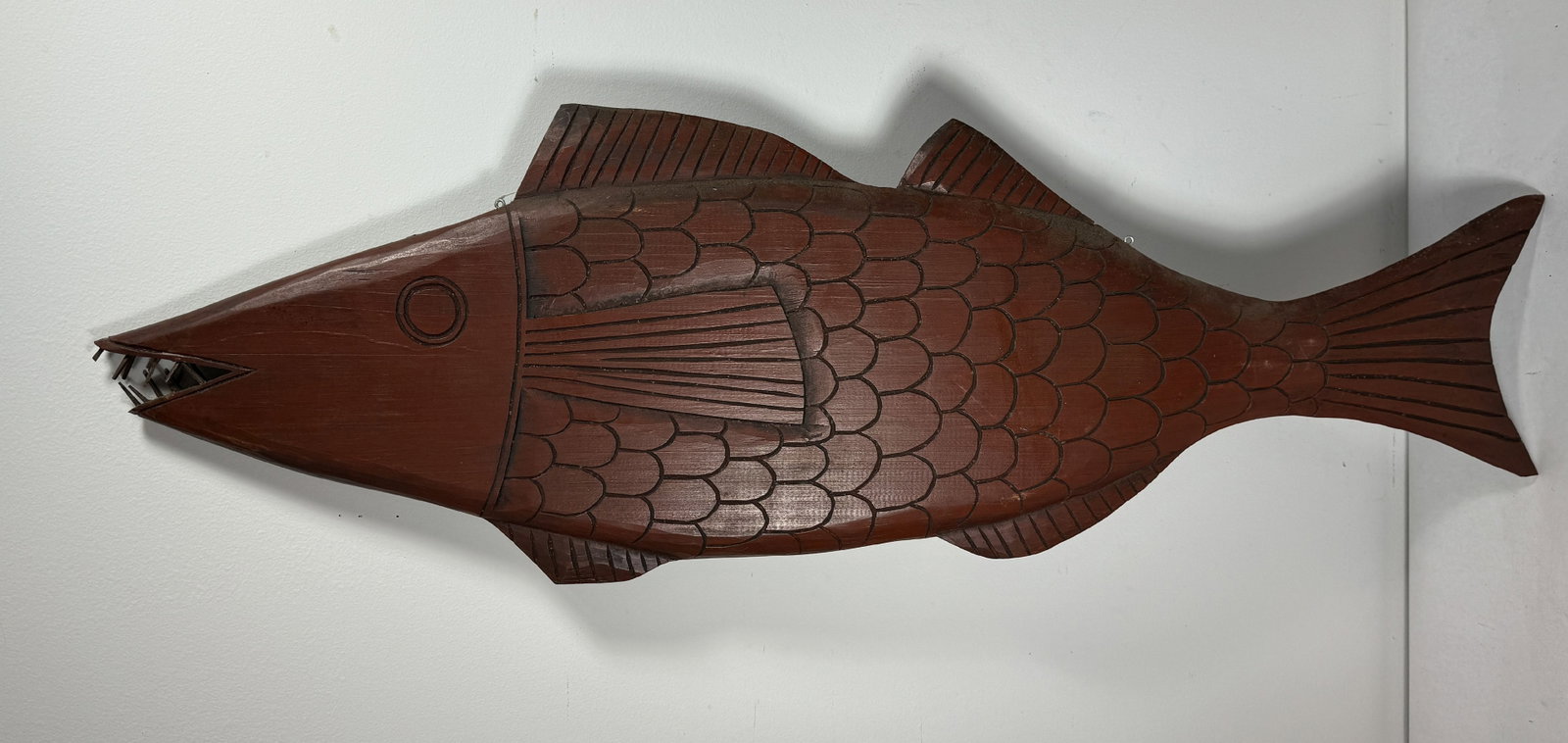 CARVED FOLK ART WOOD FISH, 37" X 13": CARVED FOLK ART WOOD FISH, 37" X 13"