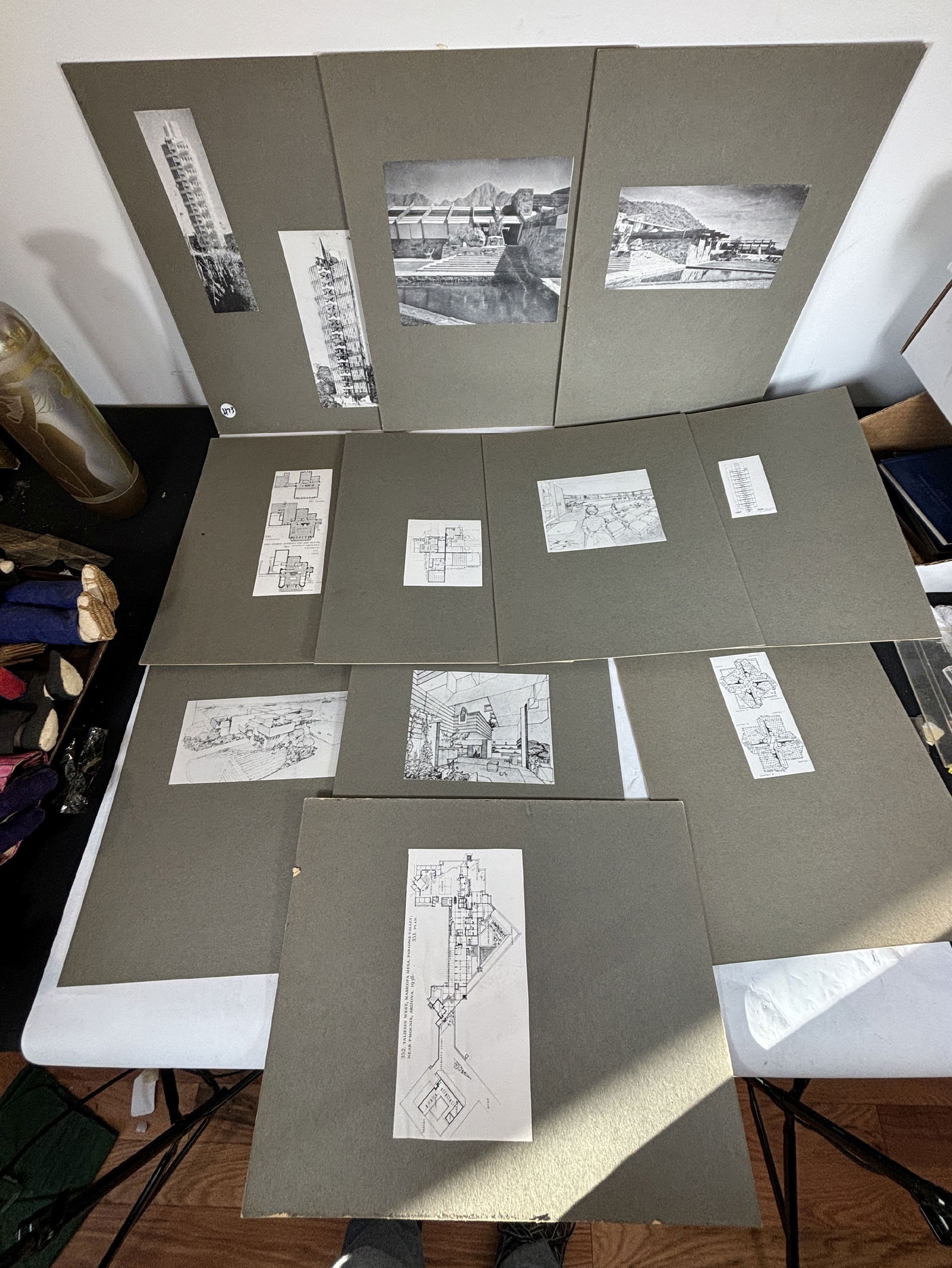 THREE FRANK LLOYD WRIGHT PHOTOS OF BUILDINGS AND NINE PHOTOS OF RENDERINGS, 11" X 14" BOARD SIZE, (1 of 7)