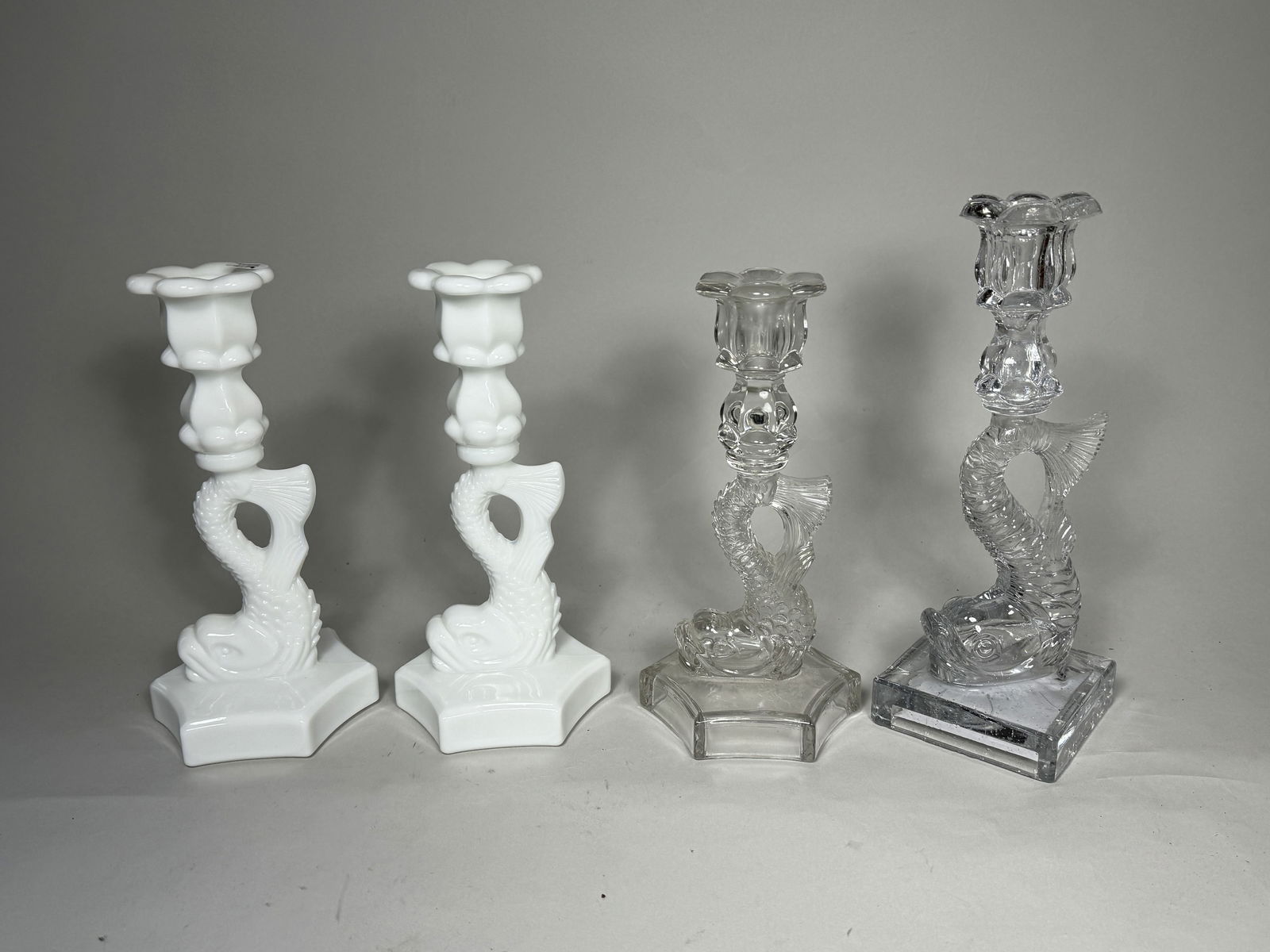 TWO PAIRS OF DOLPHIN FORM CANDLESTICKS, 10" AND 9" (1 of 6)