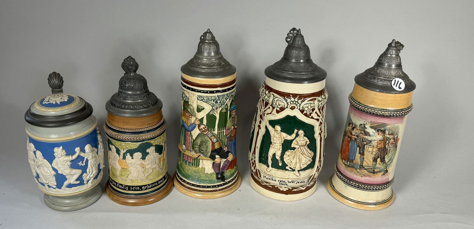 FIVE ANTIQUE GERMAN STEINS, 11" AND SMALLER (1 of 8)