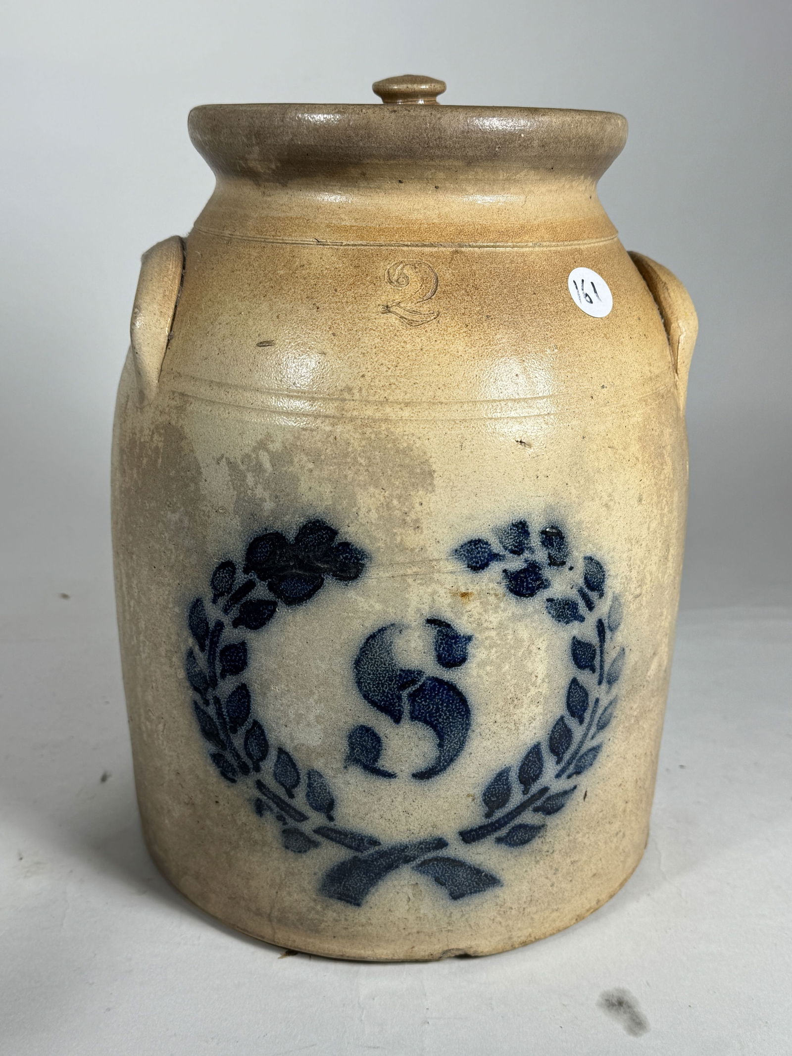 A TWO GALLON CROCK WITH BLUE WREATH AROUND AN S, NO MAKER (1 of 6)