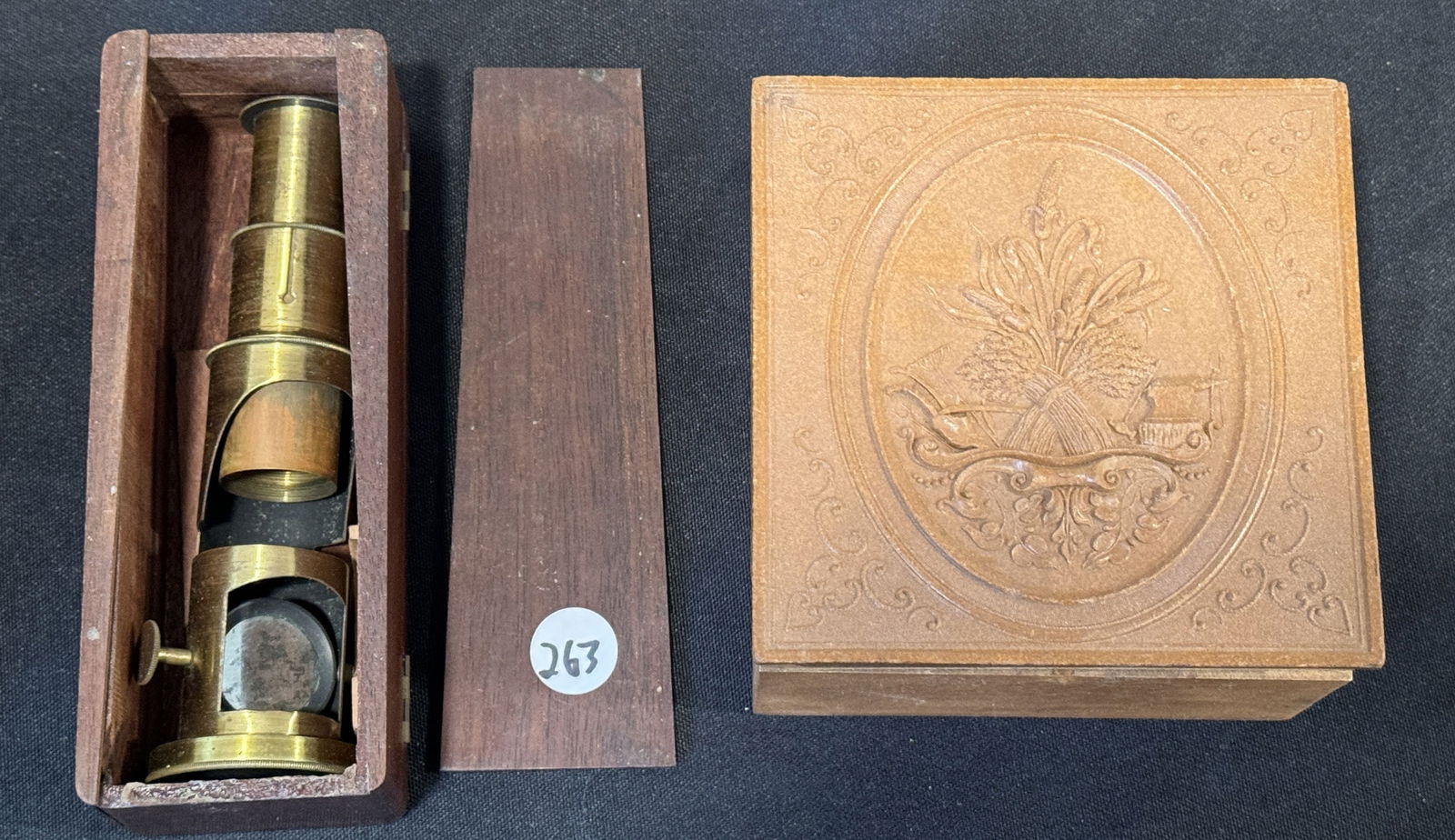 GUTTA PERCHA TOP BOX AND A SPECIMEN MICROSCOPE, 5" X 5" X 5" AND 7" TALL (1 of 4)