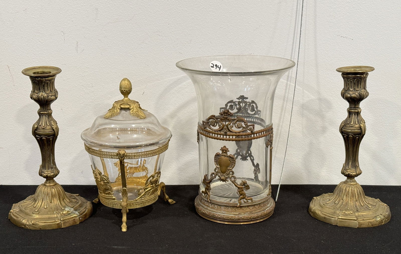 A PAIR OF GILDED BRONZE CANDLESTICKS AND TWO GILDED BRONZE GLASS ITEMS, 8.5" AND SMALLER (1 of 7)