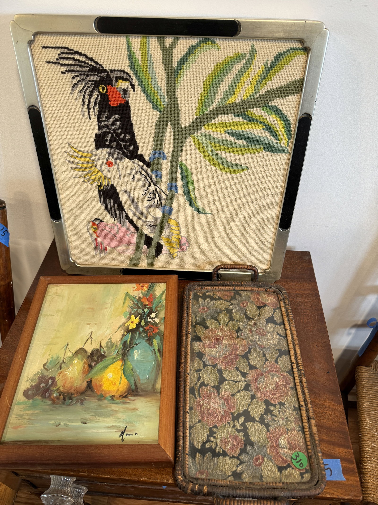 A BIRD NEEDLEPOINT, A NEEDLEPOINT TRAY AND A PAINTING, 16" X 16" AND SMALLER: A BIRD NEEDLEPOINT, A NEEDLEPOINT TRAY AND A PAINTING, 16" X 16" AND SMALLER