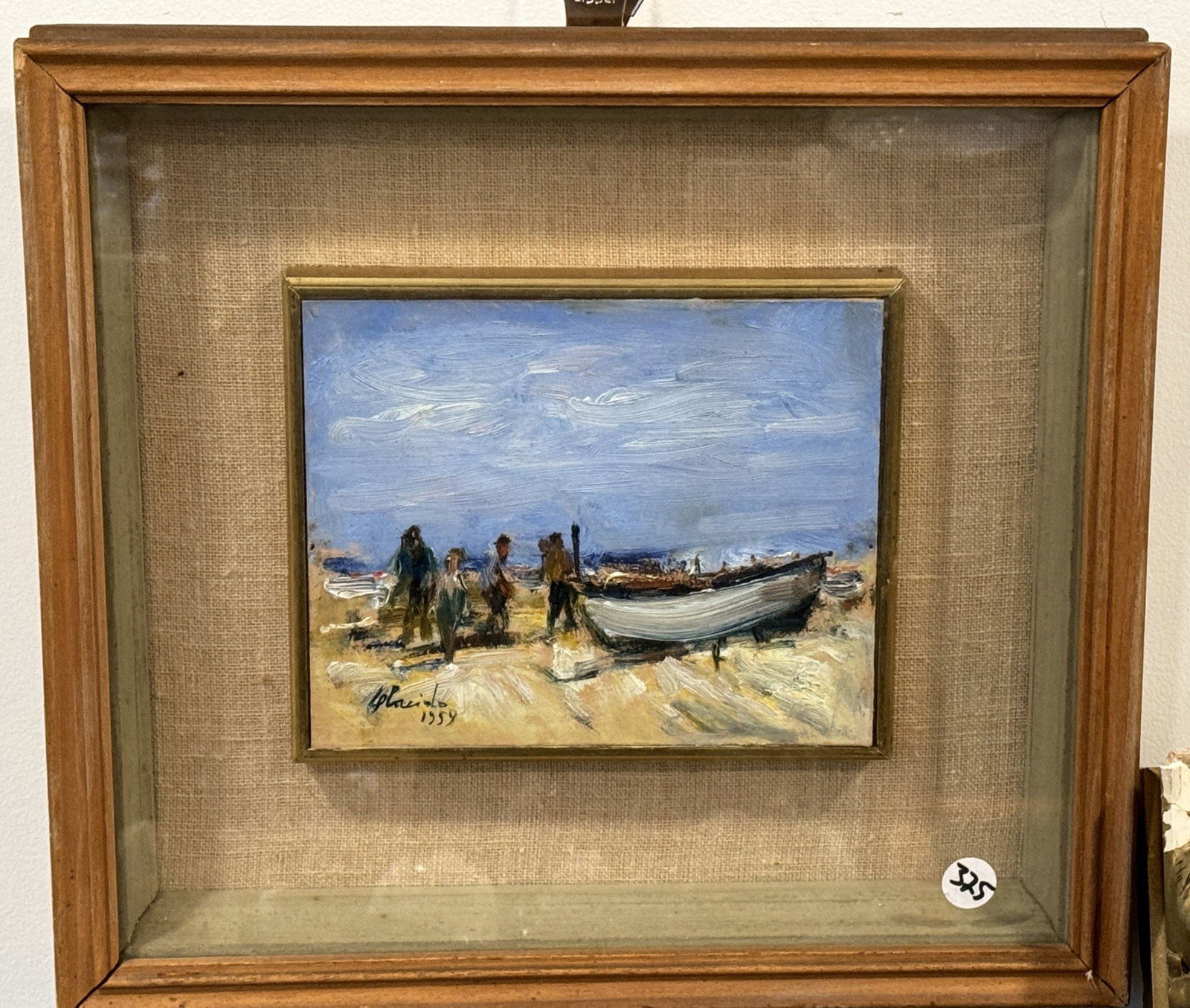 1959 ITALIAN IMPRESSIONIST PAINTING OF FISHING BOATS, 14.5" X 13.5" FRAMED AND 8.5" X 11.5" SIGHT: 1960 ITALIAN IMPRESSIONIST PAINTING OF FISHING BOATS, 14.5" X 13.5" FRAMED AND 8.5" X 11.5" SIGHT