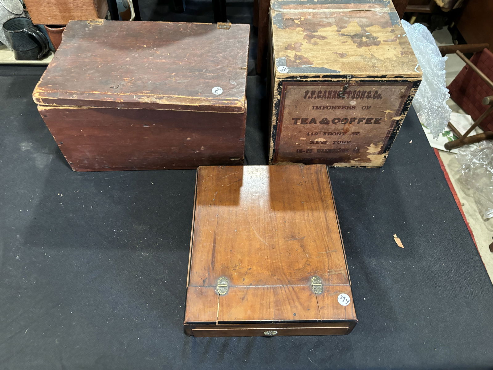 THREE ANTIQUE BOXES INCLUDES TEA BOX, COLLAPSIBLE SHAVING MIRROR, AND RED PAINTED COUNTRY BOX. 10" X (1 of 9)
