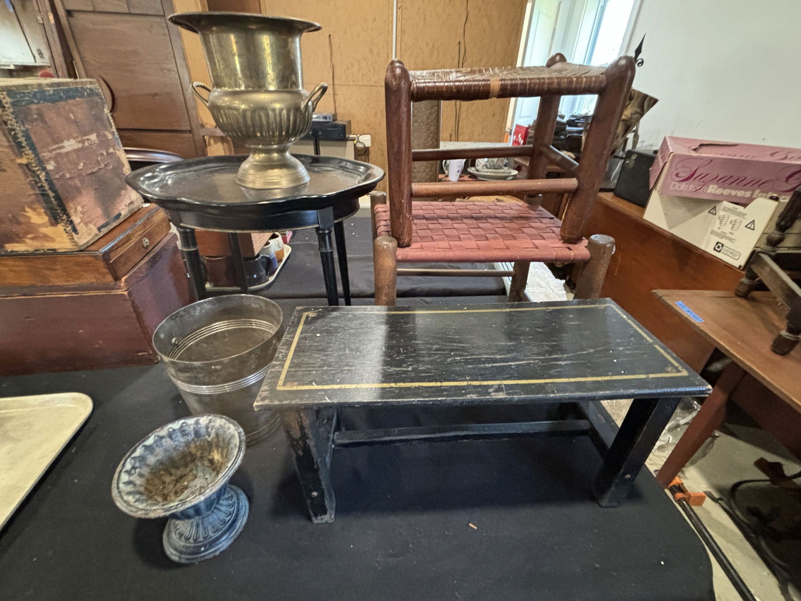 A SHAKER STOOL, A HICKORY STOOL, AND TWO BLACK LACQUERED STANDS, TWO ICE BUCKETS AND A PLANTER. 18" (1 of 8)
