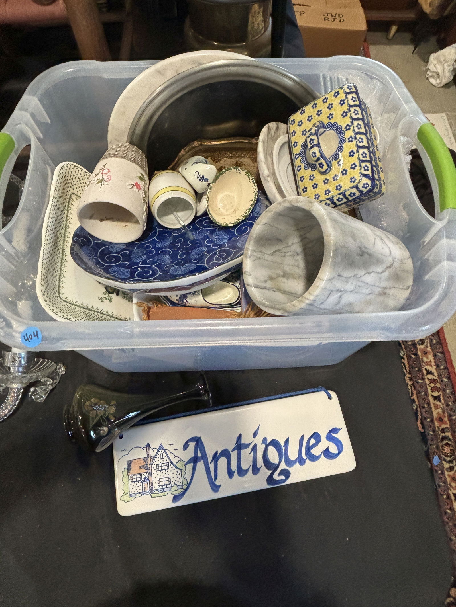 Large Box Lot Pottery And Marble Trivets, Pottery Antique Sign, Misc