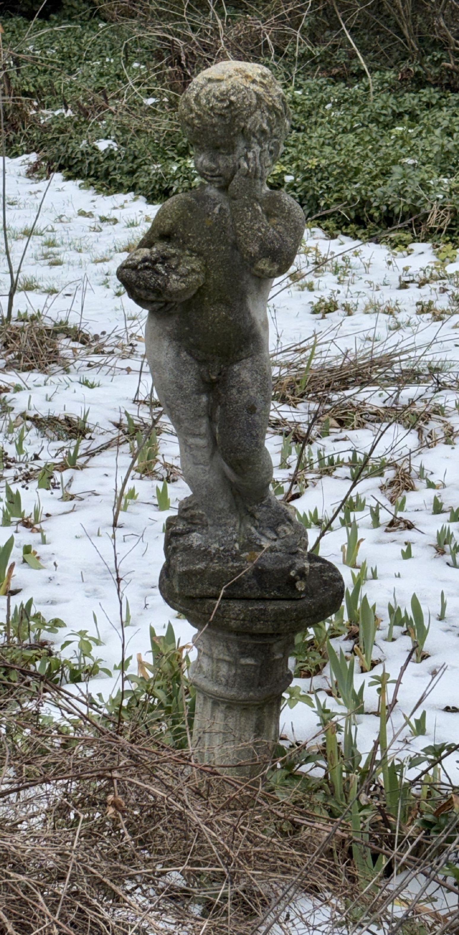 TWO CAST STONE PUTTI WITH BASE 49"  TALL OVERALL (1 of 11)