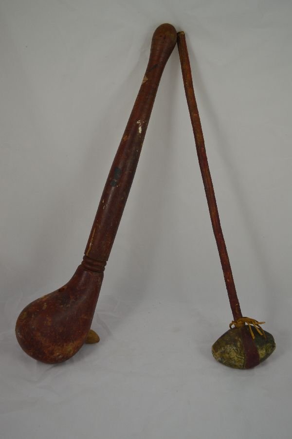 19TH CENT INDIAN CLUBS, 1 WOOD; 1 STONE, WOOD & : 19TH CENT INDIAN CLUBS, 1 WOOD; 1 STONE, WOOD & LEATHER 25" EACH