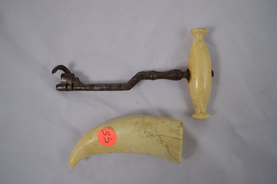 WHALE TOOTH W/ LATE BONE HANDLE FROM HALF BRIG I: WHALE TOOTH W/ LATE BONE HANDLE FROM HALF BRIG IN PROVINCETOWN