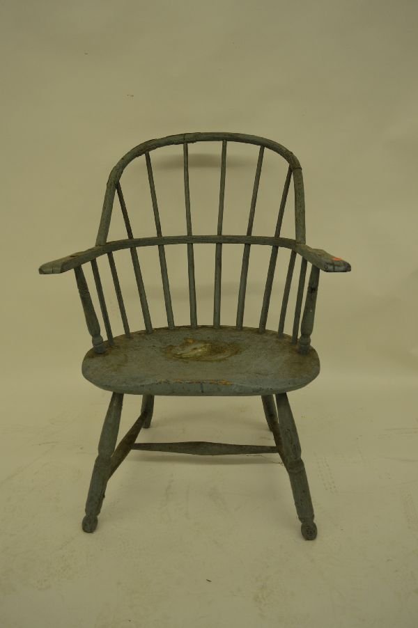19 CENT WINDSOR ARMCHAIR IN BLUE PAINT: 19 CENT WINDSOR ARMCHAIR IN ROBBINS EGG BLUE PAINT, NUMEROUS EARLY REPAIRS