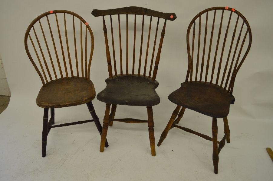 3 - 19TH C WINDSOR CHAIRS, 2 HOOP BACK, 1 RABB: 3 - 19TH CENT WINDSOR CHAIRS, 2 HOOP BACK, 1 RABBIT EAR.