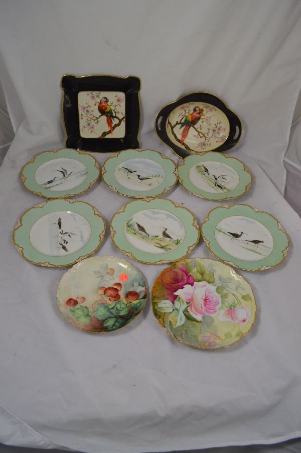 HAVILAND LIMOGES BIRD PLATES W/NORITAKE PARROT D: HAVILAND LIMOGES BIRD PLATES W/NORITAKE PARROT DISHES