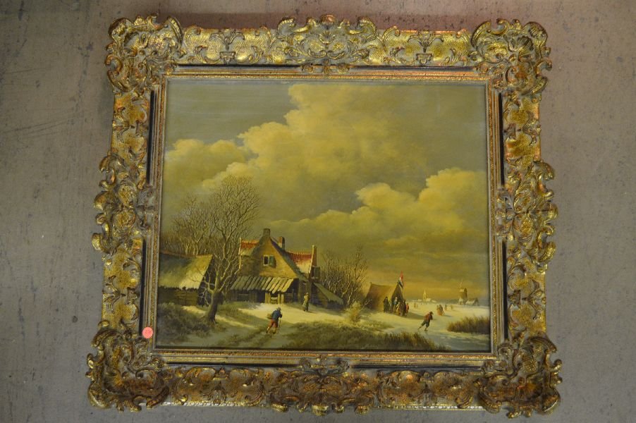 OIL ON BOARD - WINTER SCENE - SIGNED PJA LENDT I: OIL ON BOARD - WINTER SCENE - SIGNED PJA LENDT IN FANCY GOLD COLORED FRAME