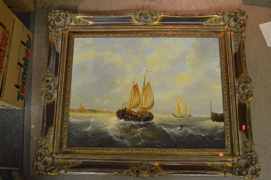 OIL ON BOARD - OCEAN SCENE - SIGNED S TWINT IN F: OIL ON BOARD - OCEAN SCENE - SIGNED S TWINT IN FANCY GOLD COLORED FRAME