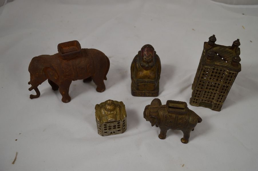 5 CAST IRON STILL BANKS: 5 CAST IRON STILL BANKS