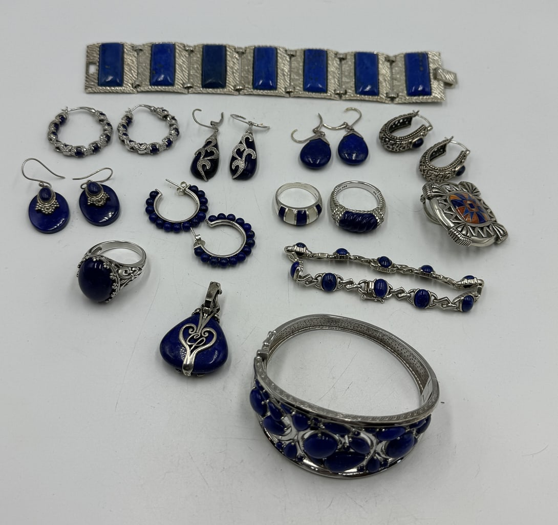 STERLING SILVER CUFFS, PENDANTS, RINGS, AND EARRINGS WITH BLUE STONES (1 of 3)