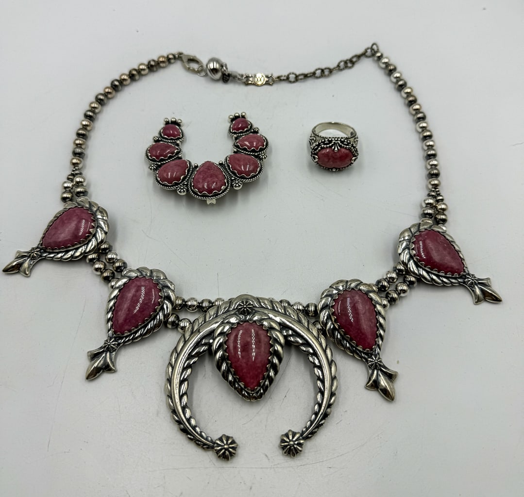 STERLING SILVER SQUASH BLOSSOM NECKLACE, RING, CUFF ETC. WITH PINK STONES (1 of 2)