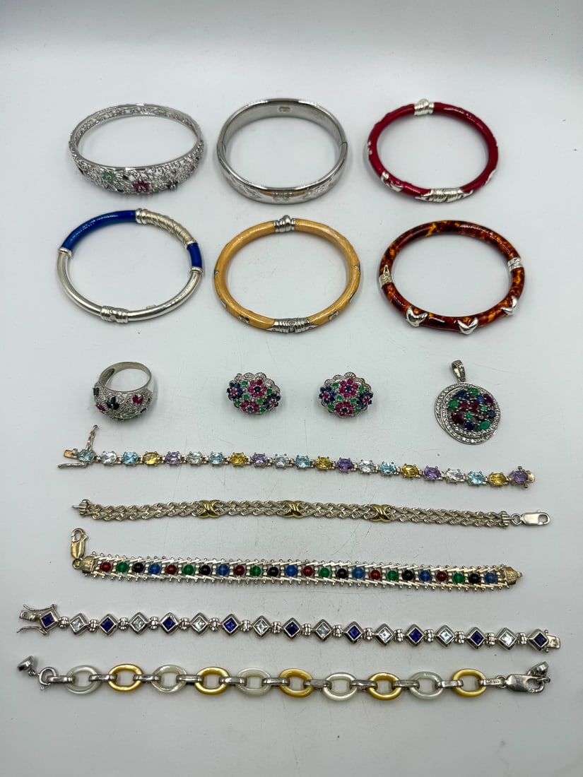 LOT OF STERLING SILVER BANGLES AND BRACELETS: LOT OF STERLING SILVER BANGLES AND BRACELETS