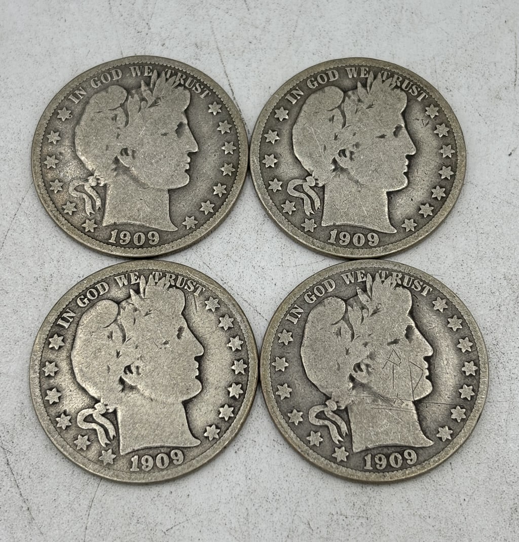 FOUR 1909 O BARBER HALF DOLLARS (1 of 2)
