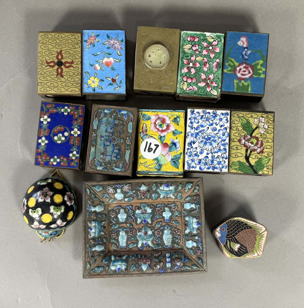 TEN CLOISSONE MATCHBOX HOLDERS AND A CLOISSONE ASHTRAY: TEN CLOISSONE MATCHBOX HOLDERS AND A CLOISSONE ASHTRAY