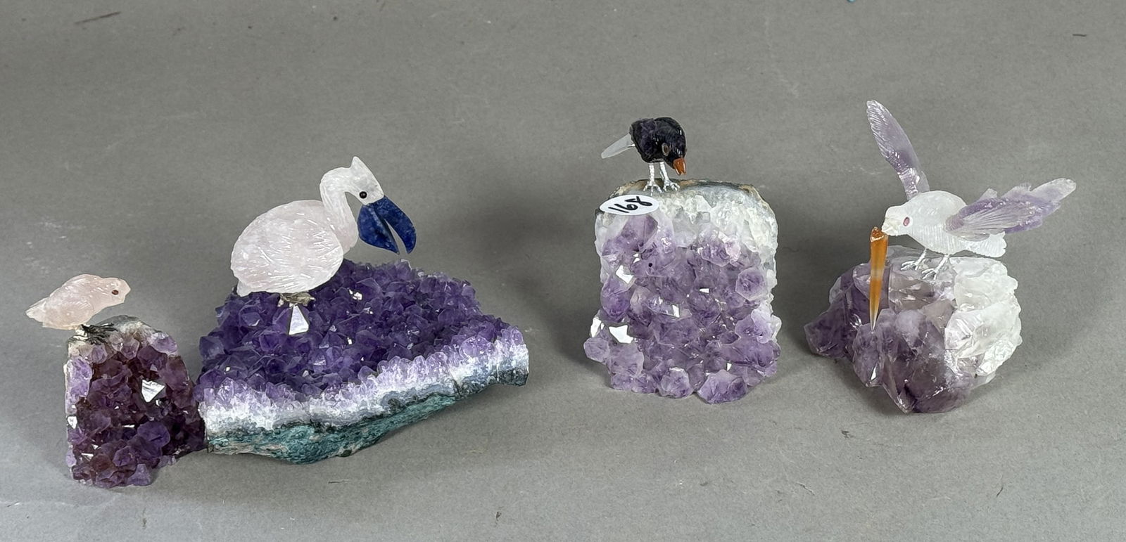 FOUR SEMI-PRECIOUS STONE BIRDS ON AMETHYST CRYSTALS (1 of 7)