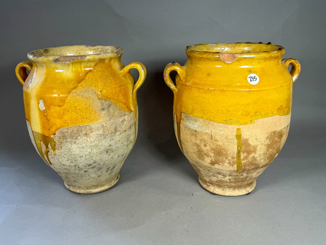 A PAIR OF ANTIQUE FRENCH STONEWARE URNS, 11.5" X 10" X 8" (1 of 4)