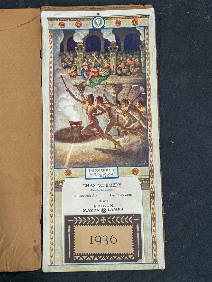 1936 MC WYETH EDISON MAZDA LAMP CALENDAR CHAS EMERY ELECTRICAL CONTRACTING, GREENWICH CT. 19.5" X: 1936 MC WYETH EDISON MAZDA LAMP CALENDAR CHAS EMERY ELECTRICAL CONTRACTING, GREENWICH CT. 19.5" X 18.5". UNUSED IN ORIGINAL PAPER