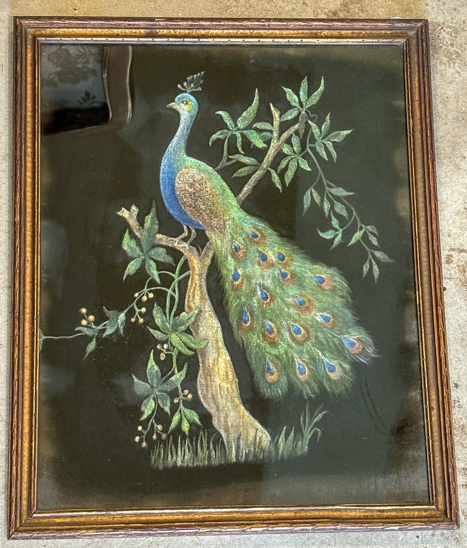 A 19TH CENTURY THEOREM PAINTING ON VELVET OF A PEACOCK, 18" X 22" FRAMED AND 16" X 20" SIGHT (1 of 7)