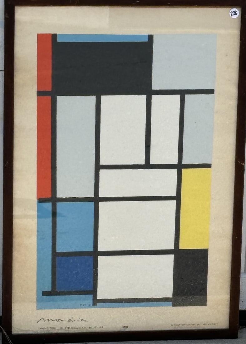 PIET MODRIAN COMPOSITION IN RED, YELLOW, AND BLUE. SILKSCREEN ON PAPER, 1921. 19" X 28" OVERALL (1 of 10)