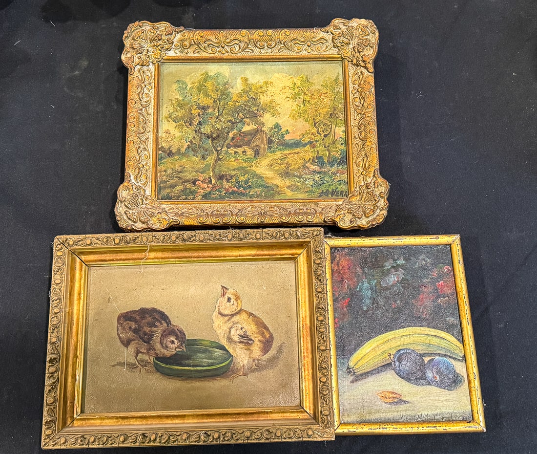 THREE SMALL ANTIQUE PAINTINGS, ONE SIGNED LAVERN, ANOTHER SIGNED QW. 11" X 13", 9" X 12",  AND 6.5" (1 of 8)