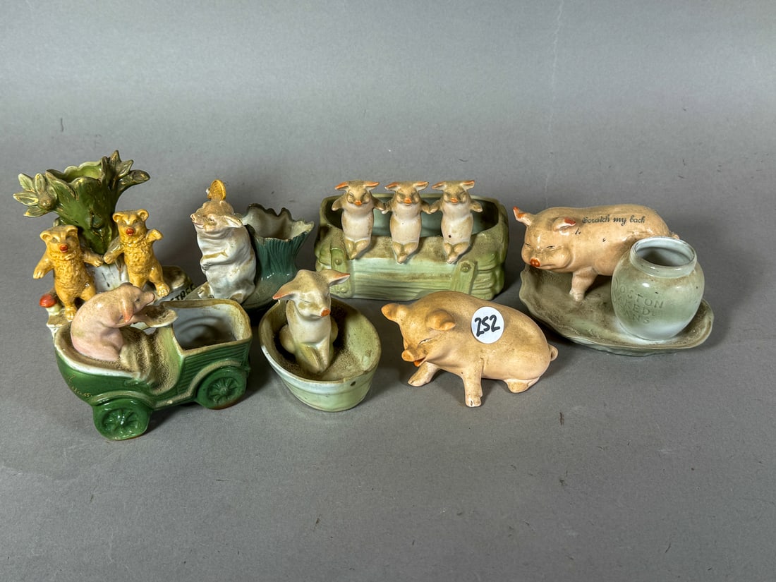 SEVEN FAIRING PORCELAIN PIGS, 5" AND SMALLER: SEVEN FAIRING PORCELAIN PIGS, 5" AND SMALLER
