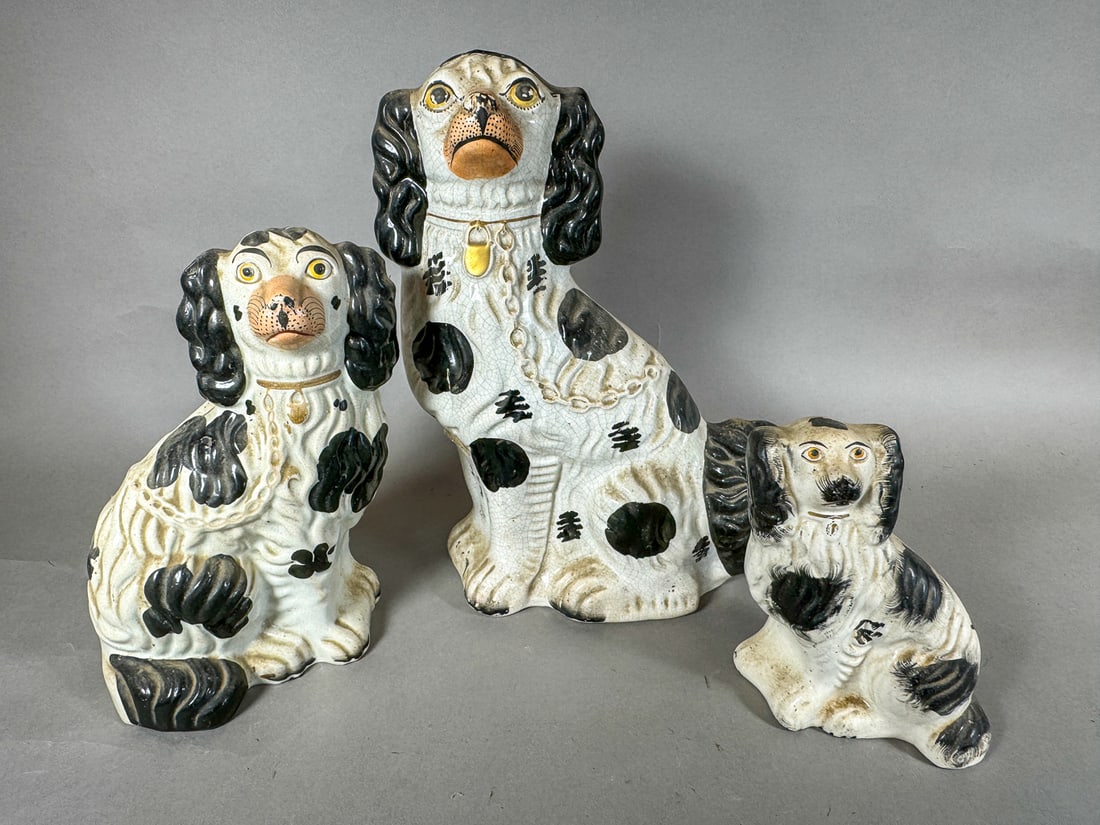 THREE LARGE STAFFORDSHIRE DOGS, 13.5", 10", AND 7" (1 of 6)
