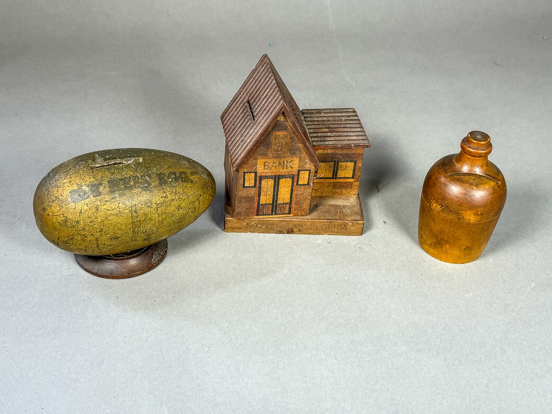3 FOLK ART TREENWARE BANKS, 6" AND SMALLER (1 of 4)