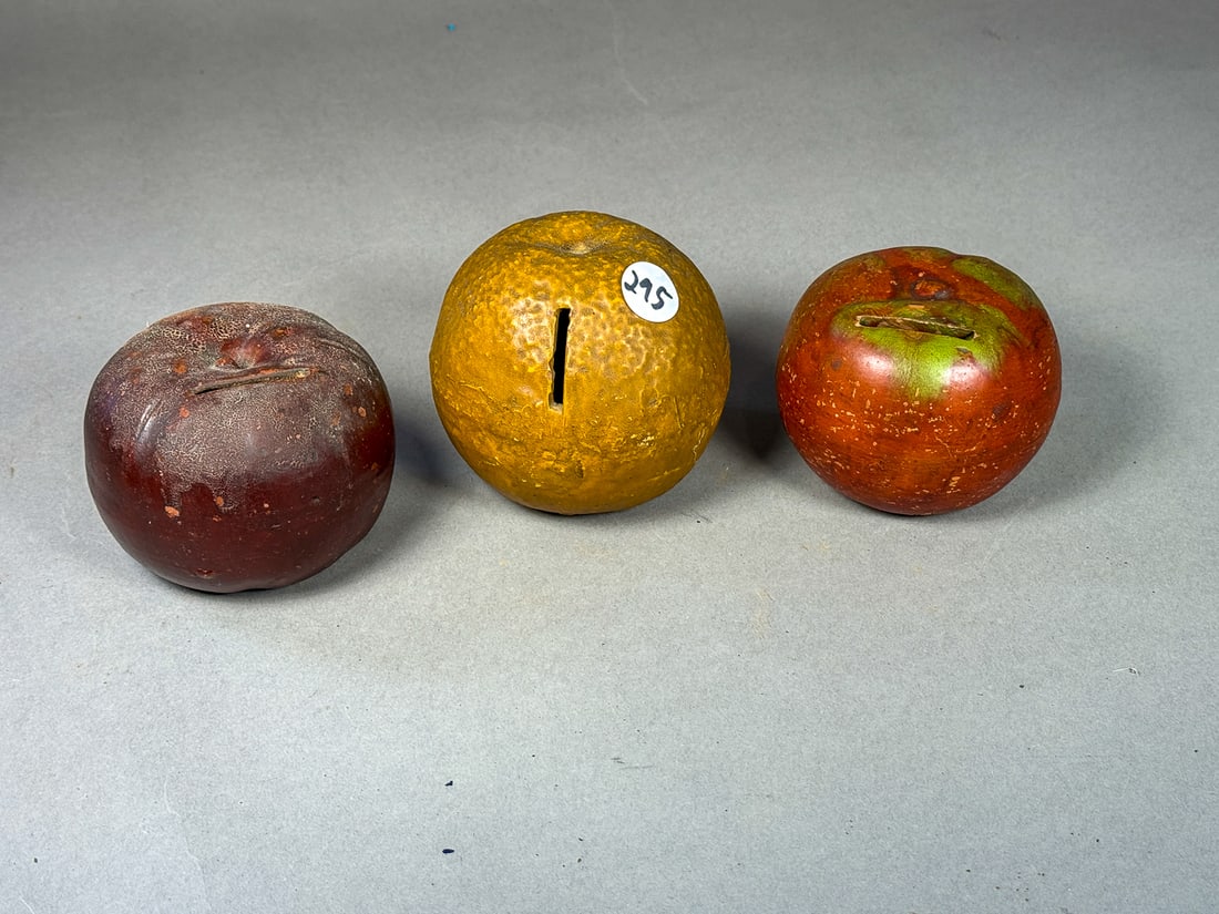 THREE CLAY FRUIT STILL BANKS, 4" DIAMETER AND SMALLER (1 of 6)