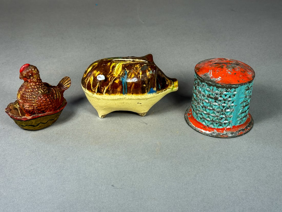 THREE STILL BANKS, ONE TOLEWARE, ONE CHICKEN, ONE PIG. 4.5" AND SMALLER (1 of 8)