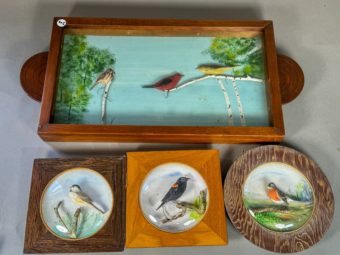 FOUR SIGNED CARVED AND PAINTED WOOD BIRD DIORAMAS, 23" X 11" AND 7" X 7": FOUR SIGNED CARVED AND PAINTED WOOD BIRD DIORAMAS, 23" X 11" AND 7" X 7"