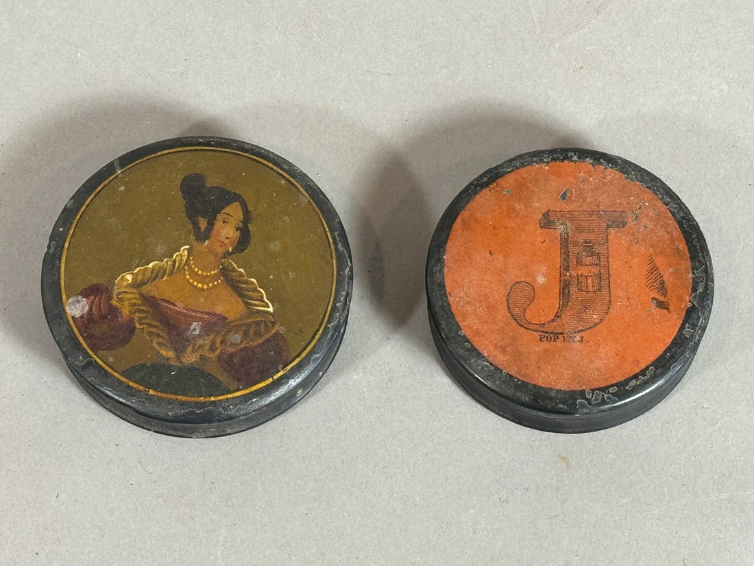 TWO 19TH CENTURY PAINTED SNUFF BOXES, 2.75" DIAMETER (1 of 6)
