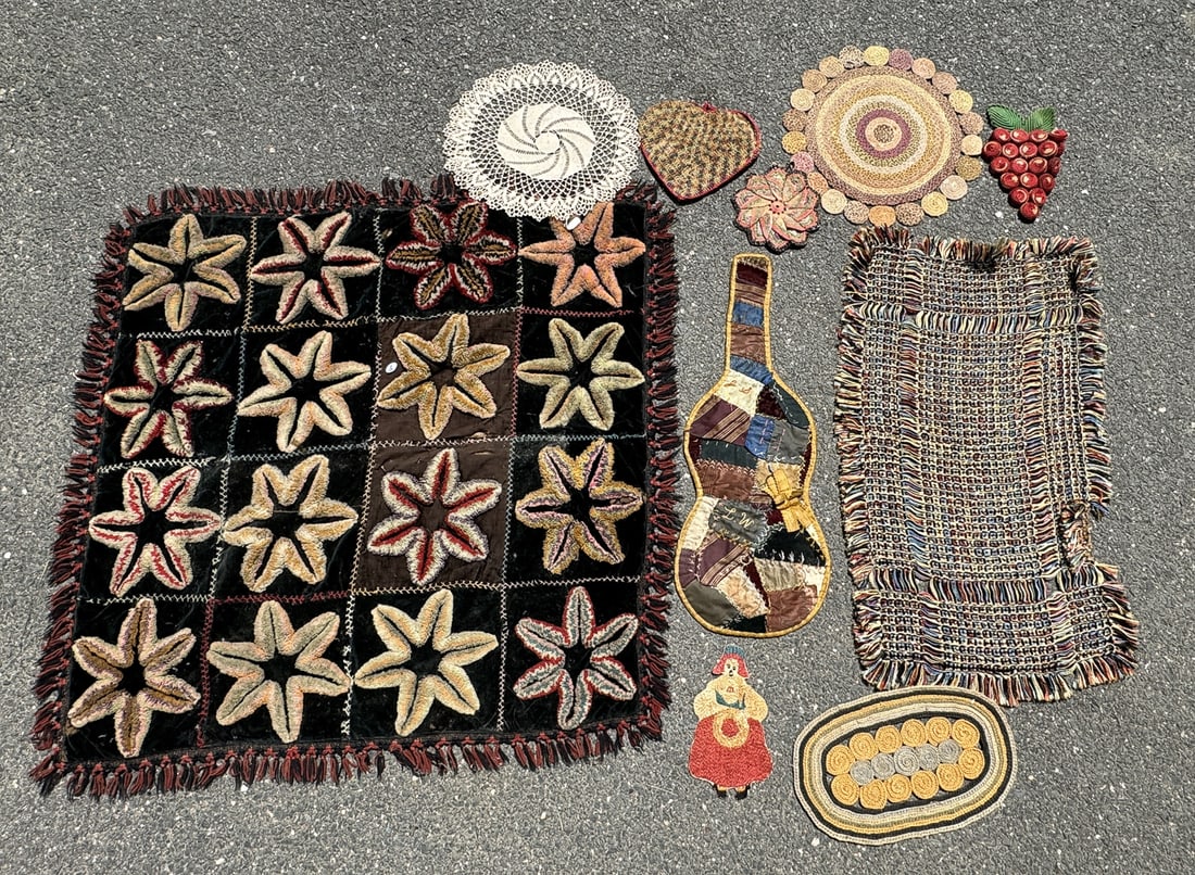 TWO FOLKART SPREADS AND FOLK ART DOILIES, 36" X 36" AND SMALLER: TWO FOLKART SPREADS AND FOLK ART DOILIES, 36" X 36" AND SMALLER