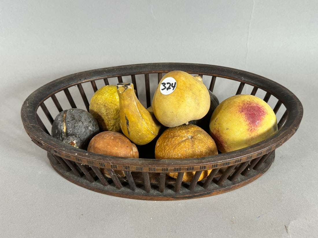 VICTORIAN INLAID BASKET WITH SEVEN PIECES OF FRUIT, 12" X 7" X 3": VICTORIAN INLAID BASKET WITH SEVEN PIECES OF FRUIT, 12" X 7" X 3"
