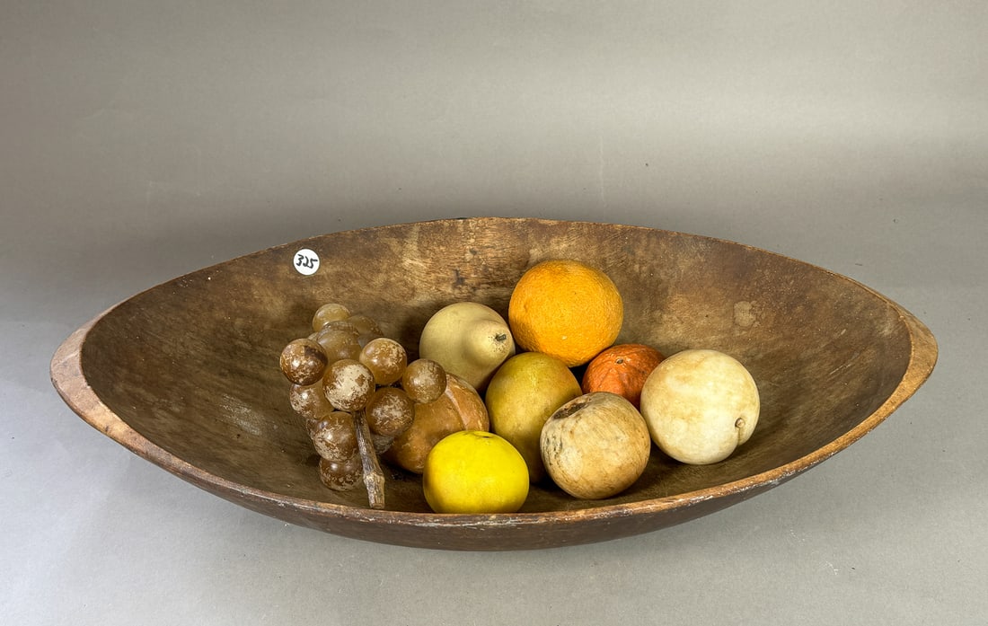NINE PIECES STONE FRUIT IN ANTIQUE OVAL BOWL, 22" X 13" X 6" (1 of 5)