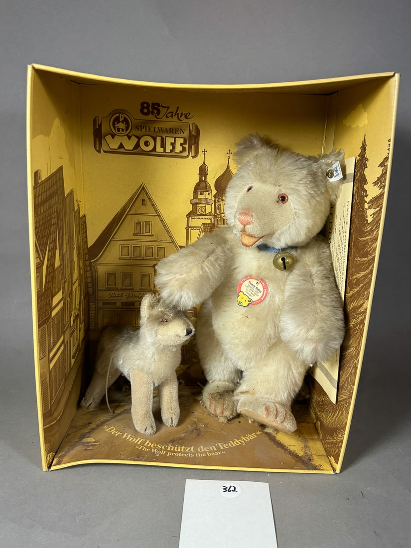 BOXED STEIFF ENSEMBLE "TEDDY BABY AND WOLF", 11" X 7" X 4": BOXED STEIFF ENSEMBLE "TEDDY BABY AND WOLF", 11" X 7" X 4"